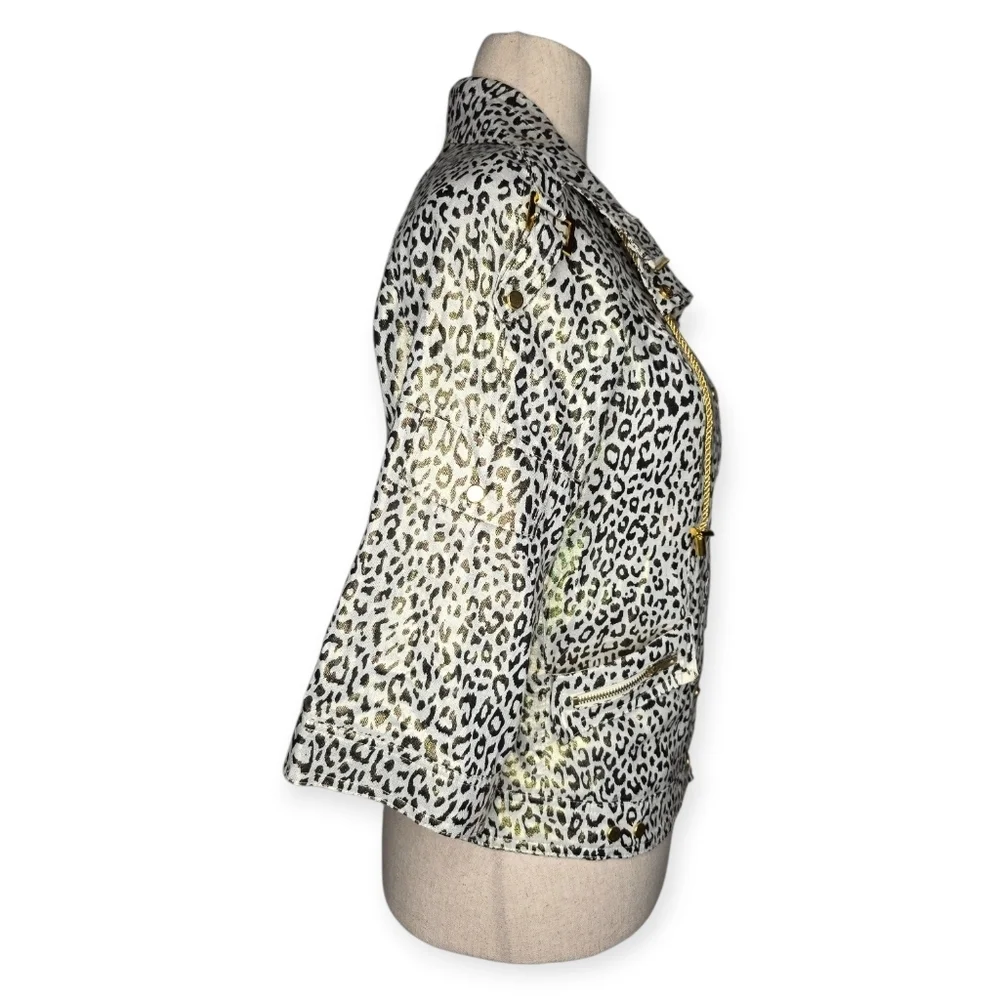 Vintage Just B Leopard Print Linen Jacket Gold Trim M 90s Y2K